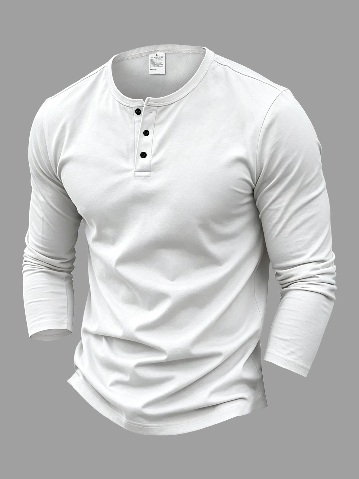 Men's Long-Sleeve Base Layer T-Shirt, Solid Color Henley Pullover - White