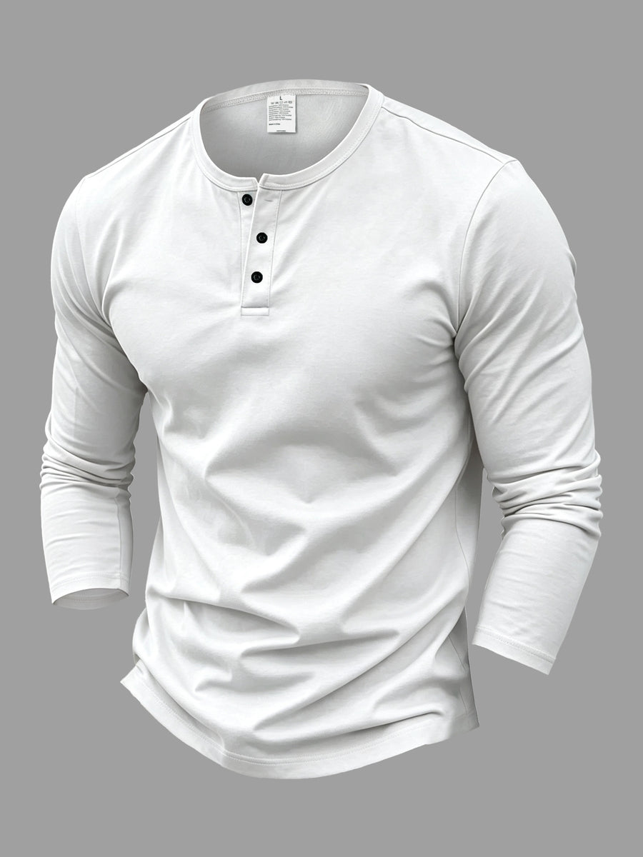 Men's Long-Sleeve Base Layer T-Shirt, Solid Color Henley Pullover - White