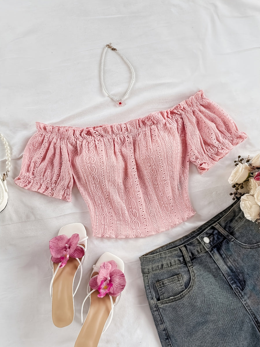 Women'S Bohemian Style Romantic Floral Vacation Style Floral Pattern Crop Off-Shoulder Top, Suitable for Daily Vacation Wear - pink color