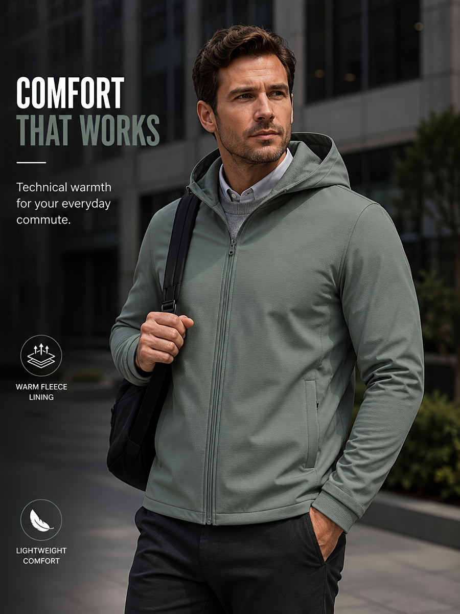 Men's Full-Zip -Lined Hooded Jacket, Lightweight Warm Softshell Outerwear, Men's Fashion Hoodie, Loose and Stretchy, Business Casual Outdoor Hoodie, Thermoregulating Top, Suitable for Office, Commuting, Travel, and Daily Autumn/Winter Wear - Green