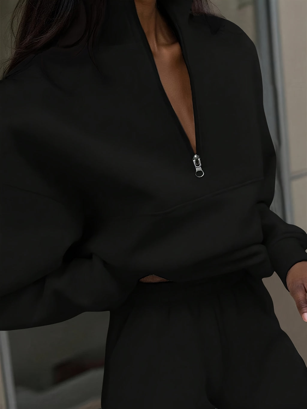 Fall Winter Fashion Women'S Casual Versatile Solid Round Neck Zip-Up Sweatshirt - Black