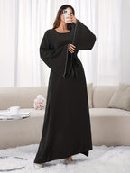 1pc Slim-fit Stretch Abaya Sleeve Front Zipper A-line AbayaElegant Flowing Muslim Robe Convenient Daily Islamic Women's WearStretch Sleeve Front Zipper AbayaSuitable for Daily Commuting, Gatherings with Family Friends, and Islamic Festive Occasions - Black