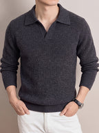 Men'S Polo Neck Knit Sweater Autumn Winter Thick Ribbed Placket Pullover Casual Solid Color Knit Top - Dark Gray