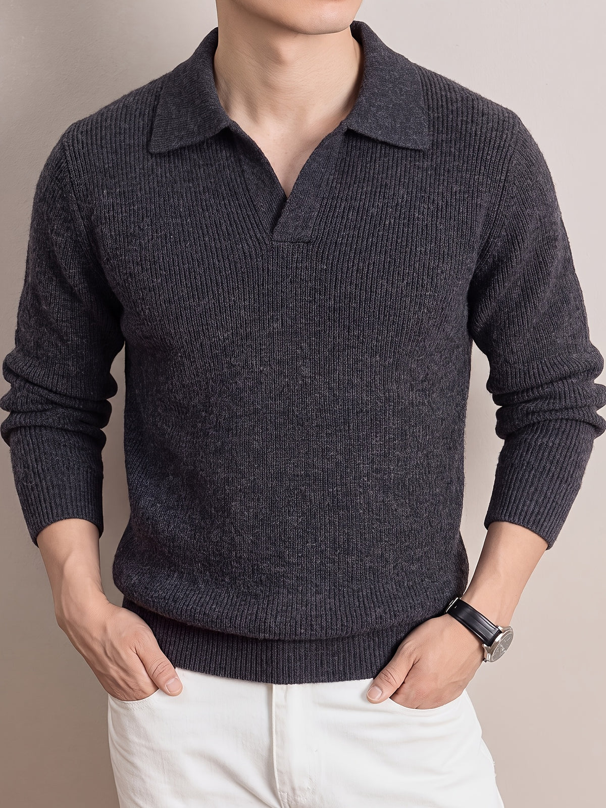 Men'S Polo Neck Knit Sweater Autumn Winter Thick Ribbed Placket Pullover Casual Solid Color Knit Top - Dark Gray