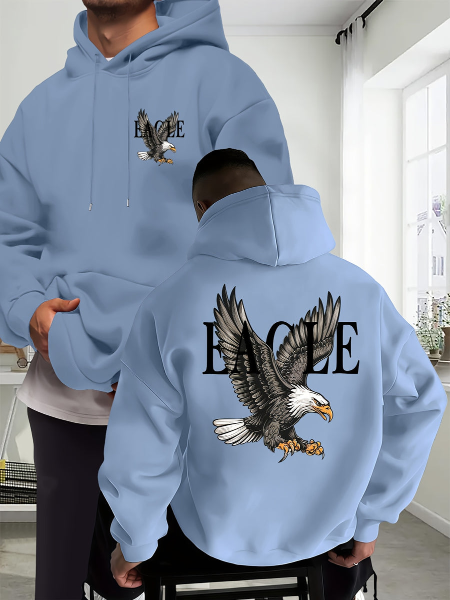 Eagle Men'S New Trendy Autumn And Winter Hoodie, Casual Everyday Drawstring Sweatshirt with Creative Design Print, Featuring a Front Kangaroo Pocket, Unisex Top - Light Blue