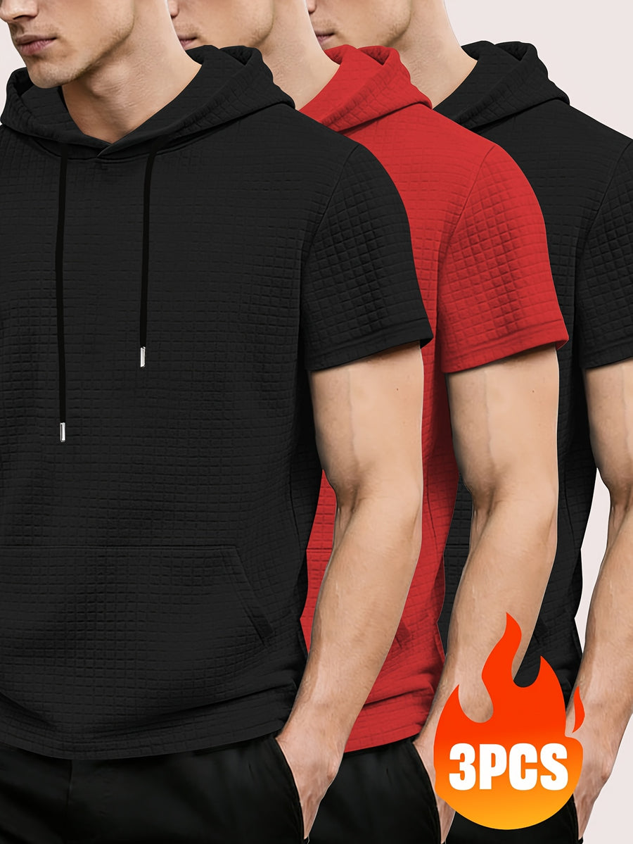 3pcs Men's Waffle Knit Short Sleeve Hoodie with Kangaroo Pocket, Soft and Breathable Fabric, Multiple Color Options, Versatile for Daily Wear, Simple and Stylish Casual Sportswear, Suitable as Matching Family Outfits, Great Choice for Gifts - Black+Red+Black