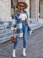 Spring/Autumn Women'S Casual Long Sleeve Plaid Fleece Winter Warm Shirt-Style Coat Long Length Jacket Overcoat - Light Blue