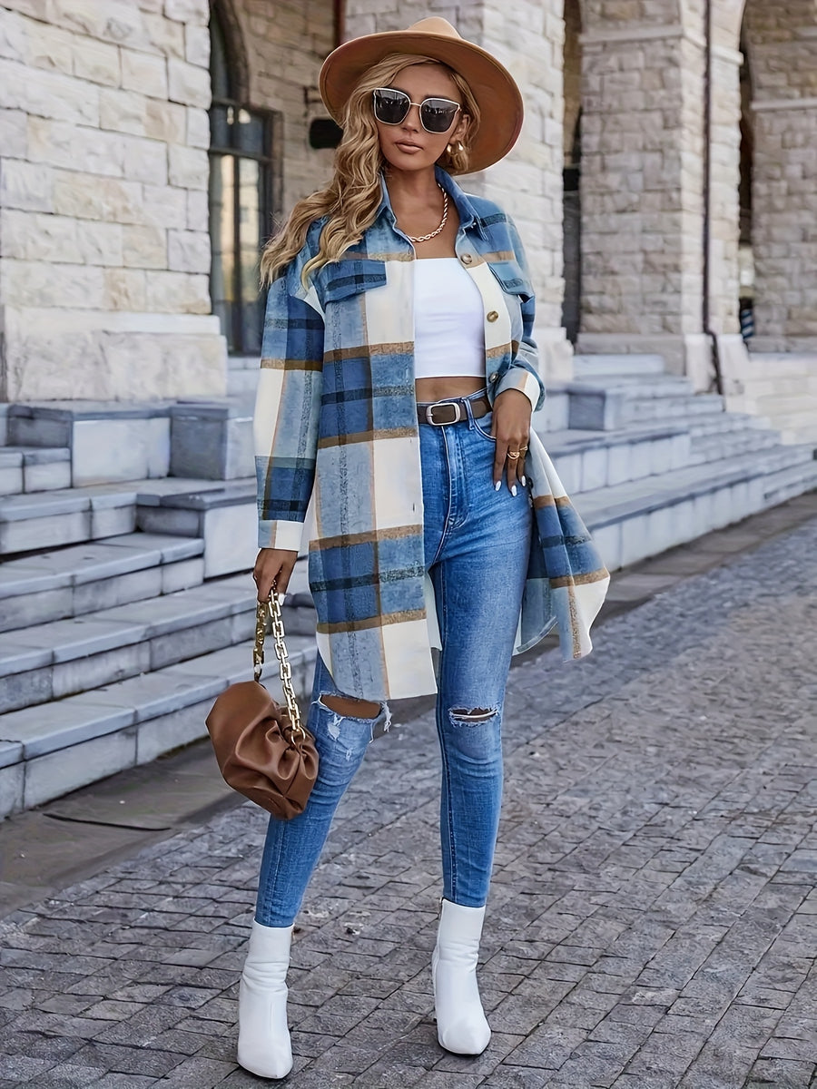 Spring/Autumn Women'S Casual Long Sleeve Plaid Fleece Winter Warm Shirt-Style Coat Long Length Jacket Overcoat - Light Blue