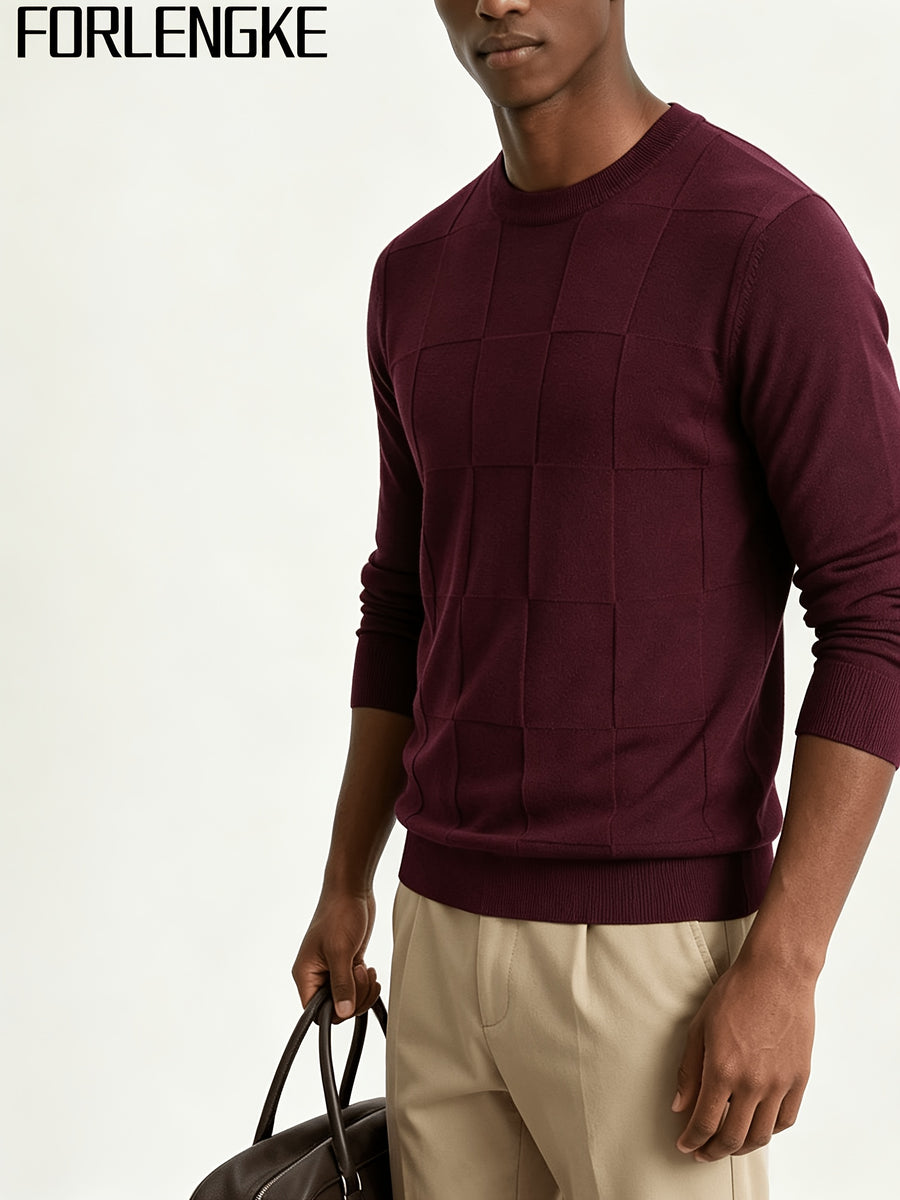 FORLENGKE Men's Casual Commuter-style Checkered Knit Sweater with Checkered Jacquard, Soft and Breathable Knit Fabric, Classic Crew Neck Long-sleeve Pullover Style, Suitable for Various Outfit Occasions, Autumn and Winter Daily Casual Men's Top - Deep Red