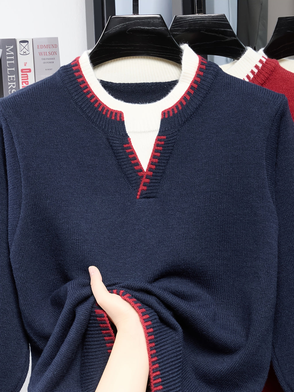 Men'S Faux Two-Piece V-Neck Contrast Stripe Knit Sweater, British Retro, Light Business Casual, Mature And Premium Colors - SINBOS - Navy Color