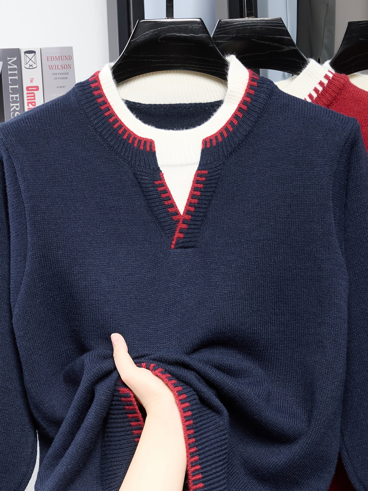 Men'S Faux Two-Piece V-Neck Contrast Stripe Knit Sweater, British Retro, Light Business Casual, Mature And Premium Colors - SINBOS - Navy Color