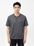 Men'S Solid Black Split Shoulder Mandarin Henley Collar Short Sleeve Top, Summer Office Daily Commute Golf City Street Outfit, Stretch Wrinkle Resistant Cooling Breathable 2-Button Tee, Middle-Aged Gentleman Business Casual Outfit, Minimalist Stand - Grey