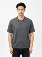Men'S Solid Black Split Shoulder Mandarin Henley Collar Short Sleeve Top, Summer Office Daily Commute Golf City Street Outfit, Stretch Wrinkle Resistant Cooling Breathable 2-Button Tee, Middle-Aged Gentleman Business Casual Outfit, Minimalist Stand - Grey