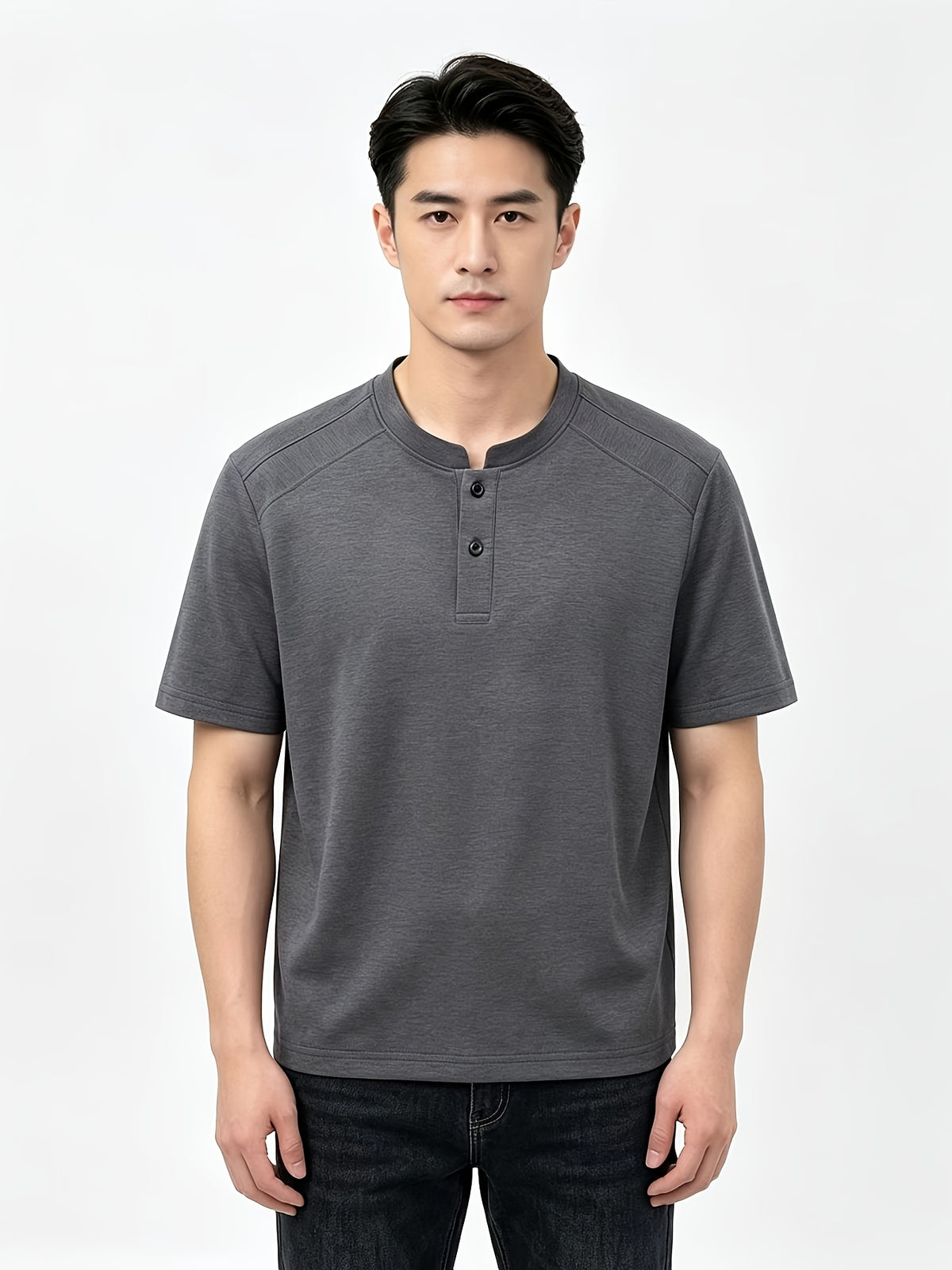 Men'S Solid Black Split Shoulder Mandarin Henley Collar Short Sleeve Top, Summer Office Daily Commute Golf City Street Outfit, Stretch Wrinkle Resistant Cooling Breathable 2-Button Tee, Middle-Aged Gentleman Business Casual Outfit, Minimalist Stand - Grey