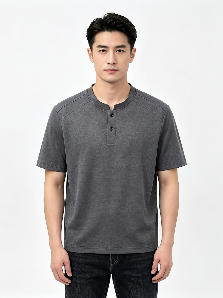Men'S Solid Black Split Shoulder Mandarin Henley Collar Short Sleeve Top, Summer Office Daily Commute Golf City Street Outfit, Stretch Wrinkle Resistant Cooling Breathable 2-Button Tee, Middle-Aged Gentleman Business Casual Outfit, Minimalist Stand - Grey