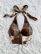 Women's Crop Top with Halter Neck and Front Tie, Cowgirl Top, Earth Tone Top, Coffee Brown Top, Brown Vest, Chocolate Brown Top, Sexy Top, New Year's Outfit, Party Wear Suitable for Date Nights and Evening Parties, Music Festival and Carnival - Coffee Brown