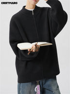 Men'S Heavyweight Thick Striped Zip Neck Stand Collar Knit Cardigan, Warm Casual Layering Top for Fall And Winter - Black