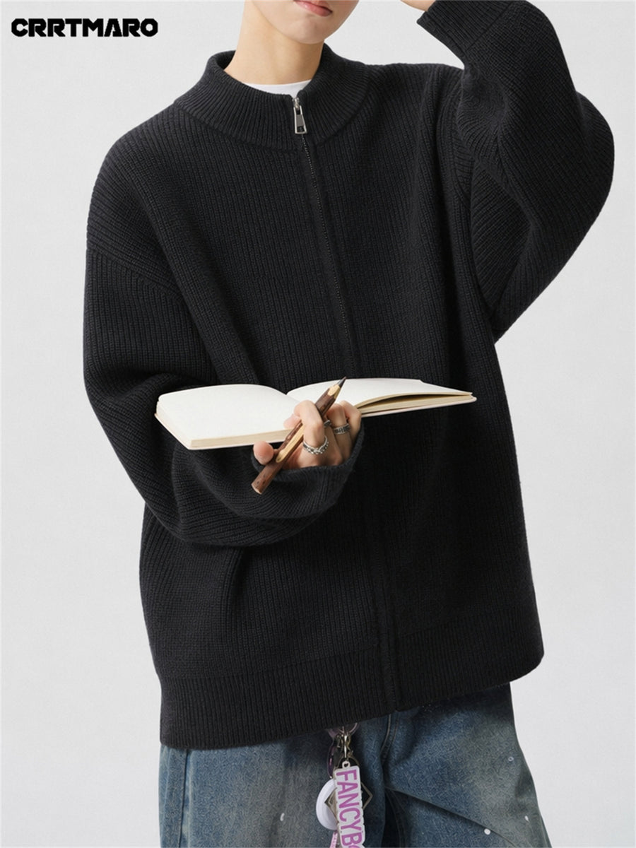 Men'S Heavyweight Thick Striped Zip Neck Stand Collar Knit Cardigan, Warm Casual Layering Top for Fall And Winter - Black