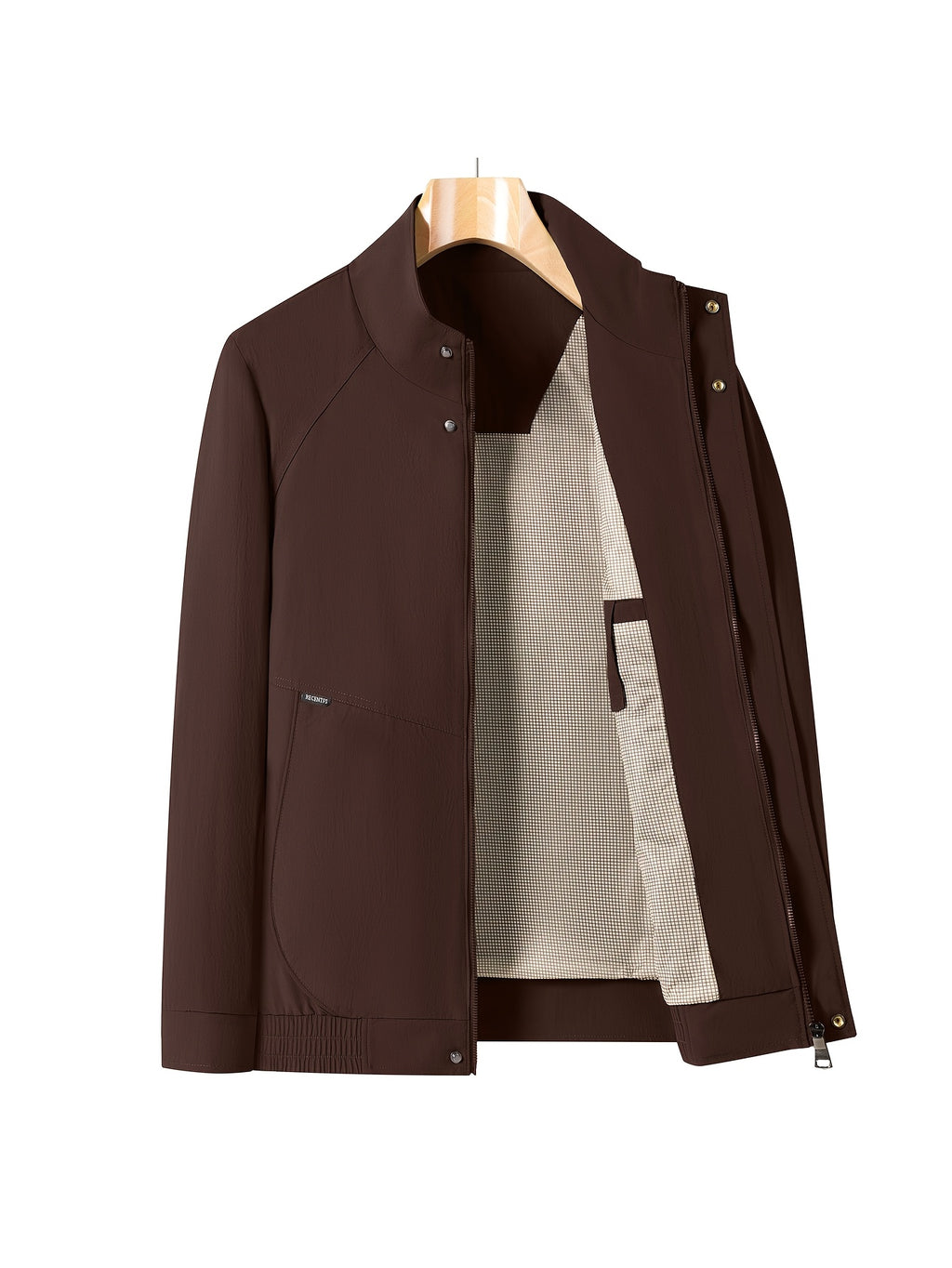 Men'S Stand-Up Collar Zip-Up Lightweight Business Jacket, Textured Wrinkled Fabric with Fine Check Breathable Full Lining, Zipper And Button Double-Breasted Casual Commuter Trench Coat, Curved Side Zip Pockets Slight Body-Shaping Top - Deep Red