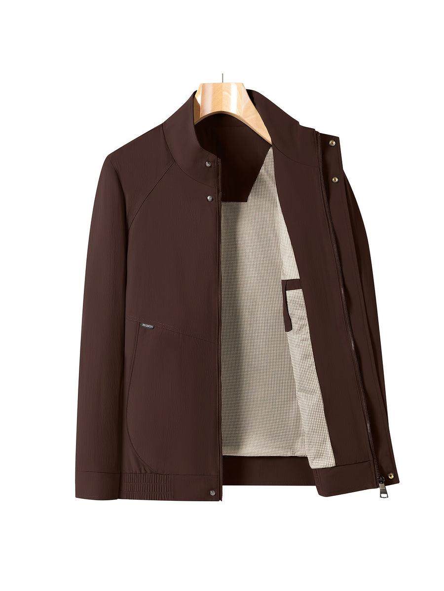 Men'S Stand-Up Collar Zip-Up Lightweight Business Jacket, Textured Wrinkled Fabric with Fine Check Breathable Full Lining, Zipper And Button Double-Breasted Casual Commuter Trench Coat, Curved Side Zip Pockets Slight Body-Shaping Top - Deep Red