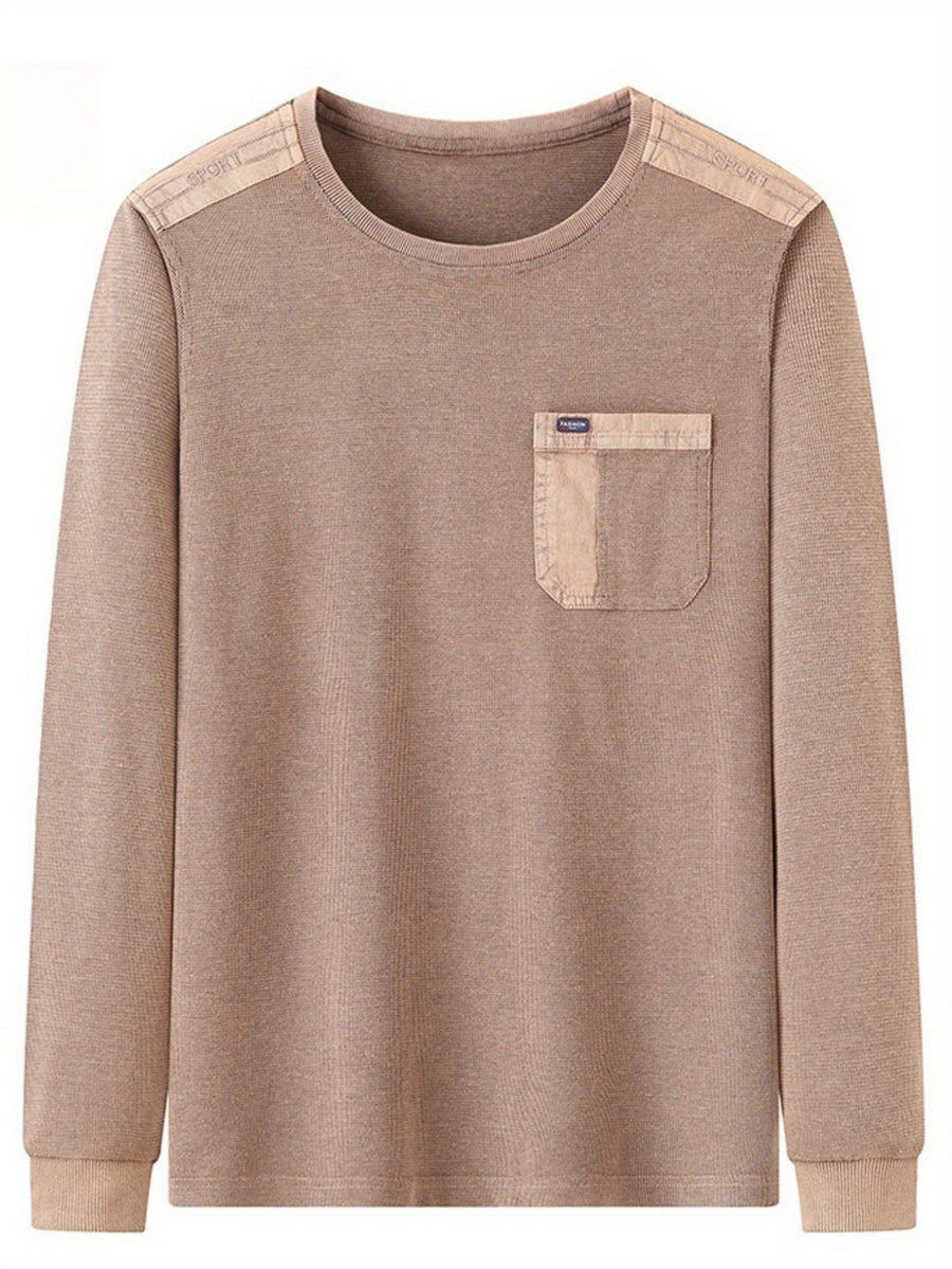 Men'S Distressed Waffle Long Sleeve Round Neck Top, Shoulder Patchwork And Pocket Design, Retro Casual Style - Coffee Brown