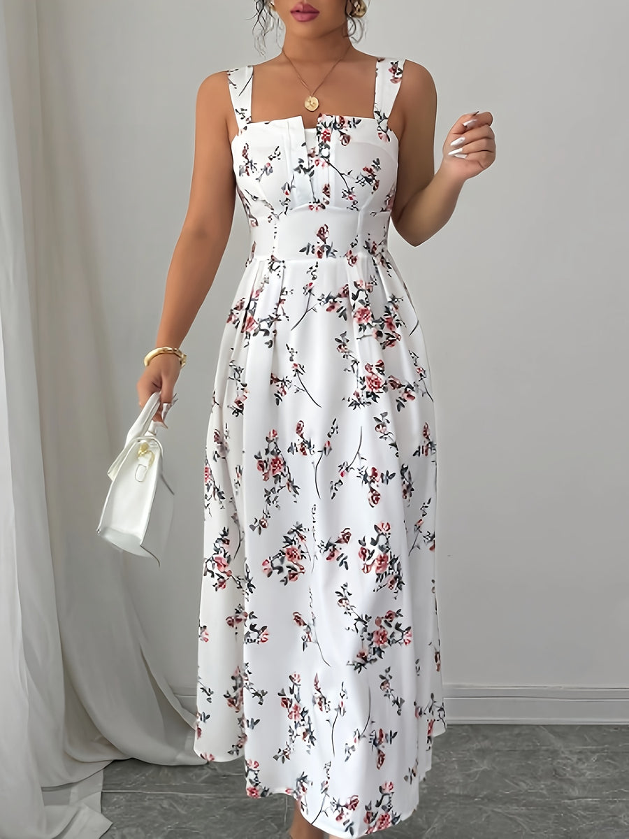 Women's Vintage Square Neck White Floral Print Camisole Dress, Featuring a Effect, Vintage Elegant Vacation Style, Suitable for Summer Dates and Casual Wear in Spring and Summer. Machine Washable - White