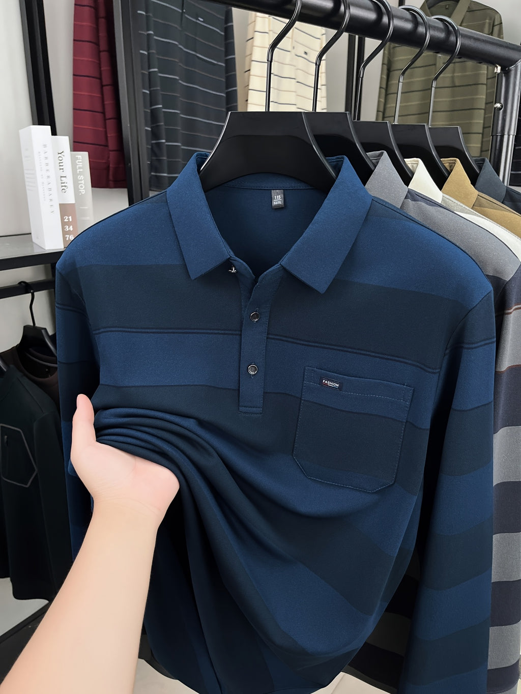 Autumn Men'S Long Sleeve T-Shirt 2026 New Style Wide Stripe Lapel with Real Pockets Casual Long Sleeve POLO Shirt - Cyan