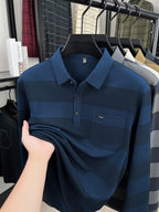 Autumn Men'S Long Sleeve T-Shirt 2026 New Style Wide Stripe Lapel with Real Pockets Casual Long Sleeve POLO Shirt - Cyan