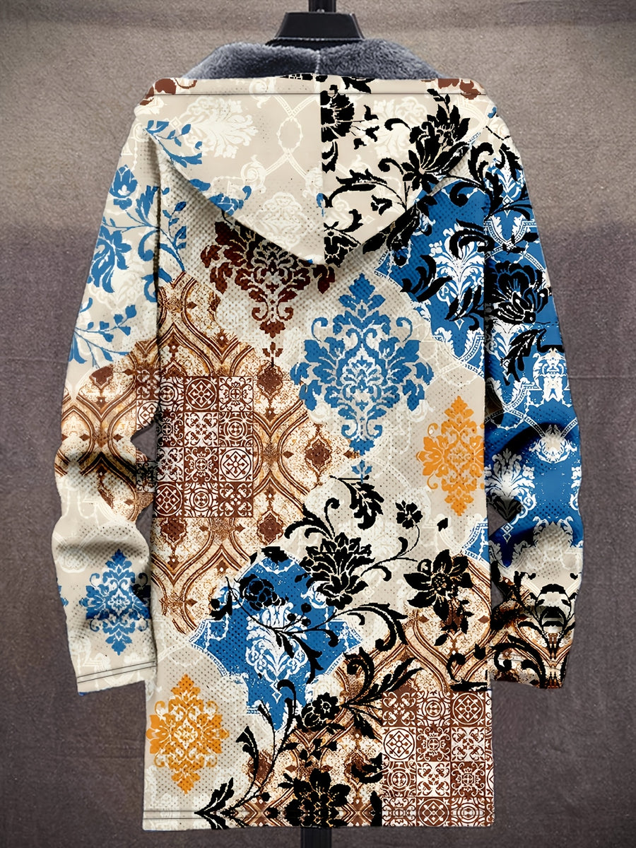 Retro Ethnic Art Pattern 3D Print Fashion Men'S Plush Thick Long-Sleeved Cardigan Coat Winter Warm Zipper Hooded Coat, Casual, Regular Fit, Daily, Geometric Print - Apricot