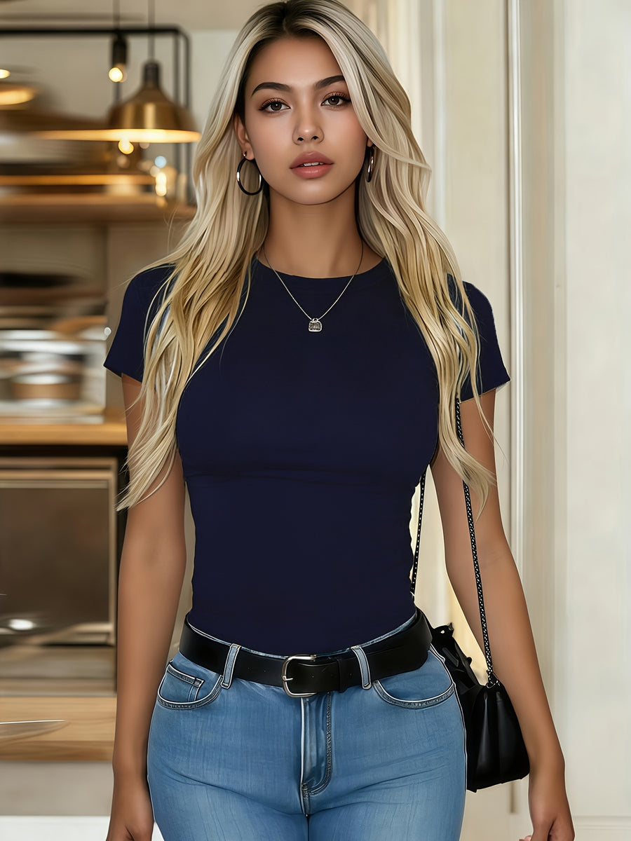 2pcs Set Women'S Elegant Solid Short Sleeve Slim Fit Basic T-Shirts - Casual Fashion Versatile, Classic Round Neck Design, All-Season Pullover Top, Comfortable Stretch Fabric, Slim Fit Style, Machine Washable - Navy Blue+Brick Red