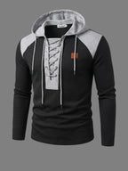 ROYALBOY Autumn New Style Individual Contrast Waffle Grid Patchwork Drawstring Hooded Long Sleeve Casual Versatile Fashion Leisure Suitable for Gatherings Parties Machine Washable Non-Dry - Black