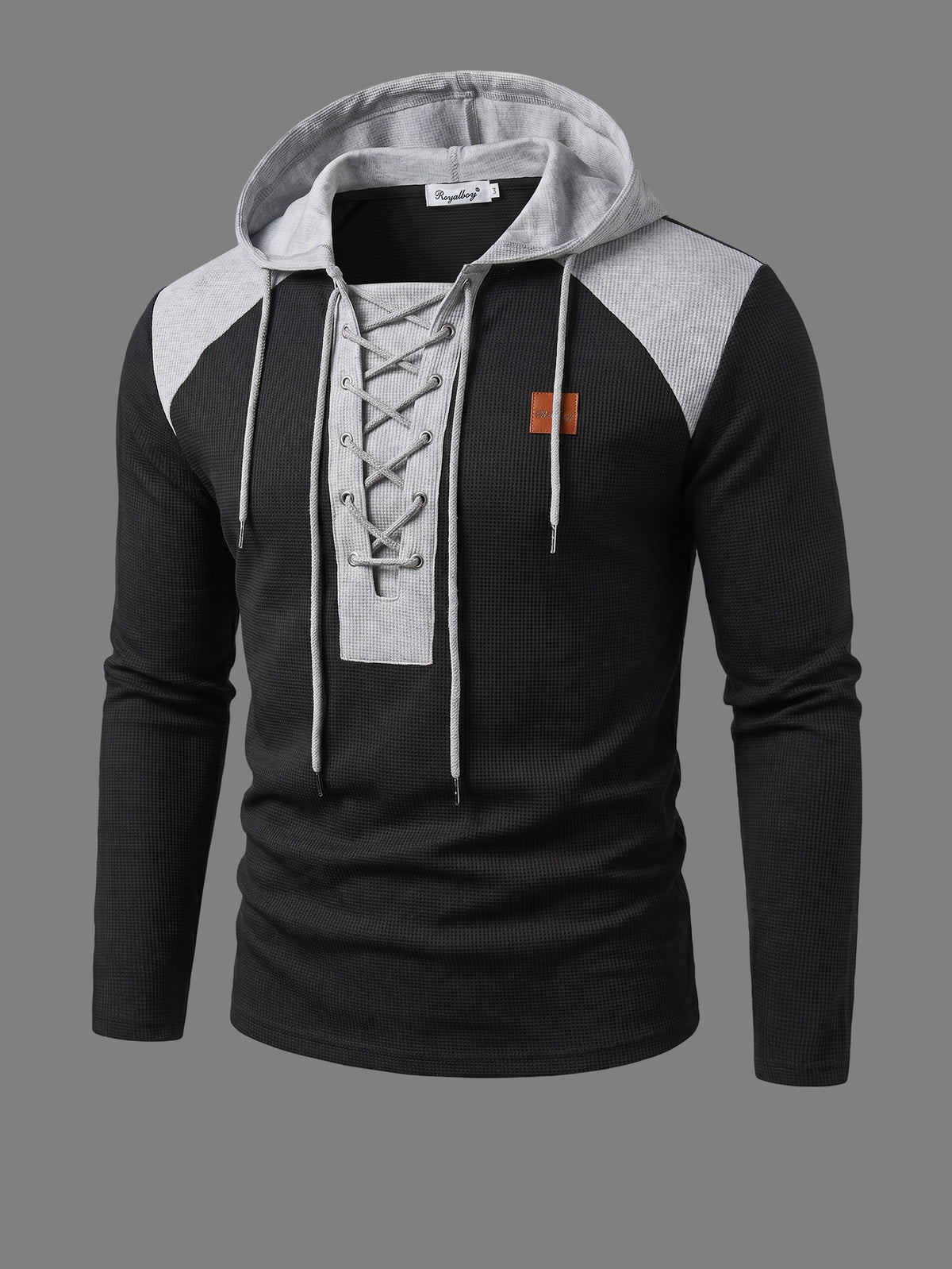 ROYALBOY Autumn New Style Individual Contrast Waffle Grid Patchwork Drawstring Hooded Long Sleeve Casual Versatile Fashion Leisure Suitable for Gatherings Parties Machine Washable Non-Dry - Black