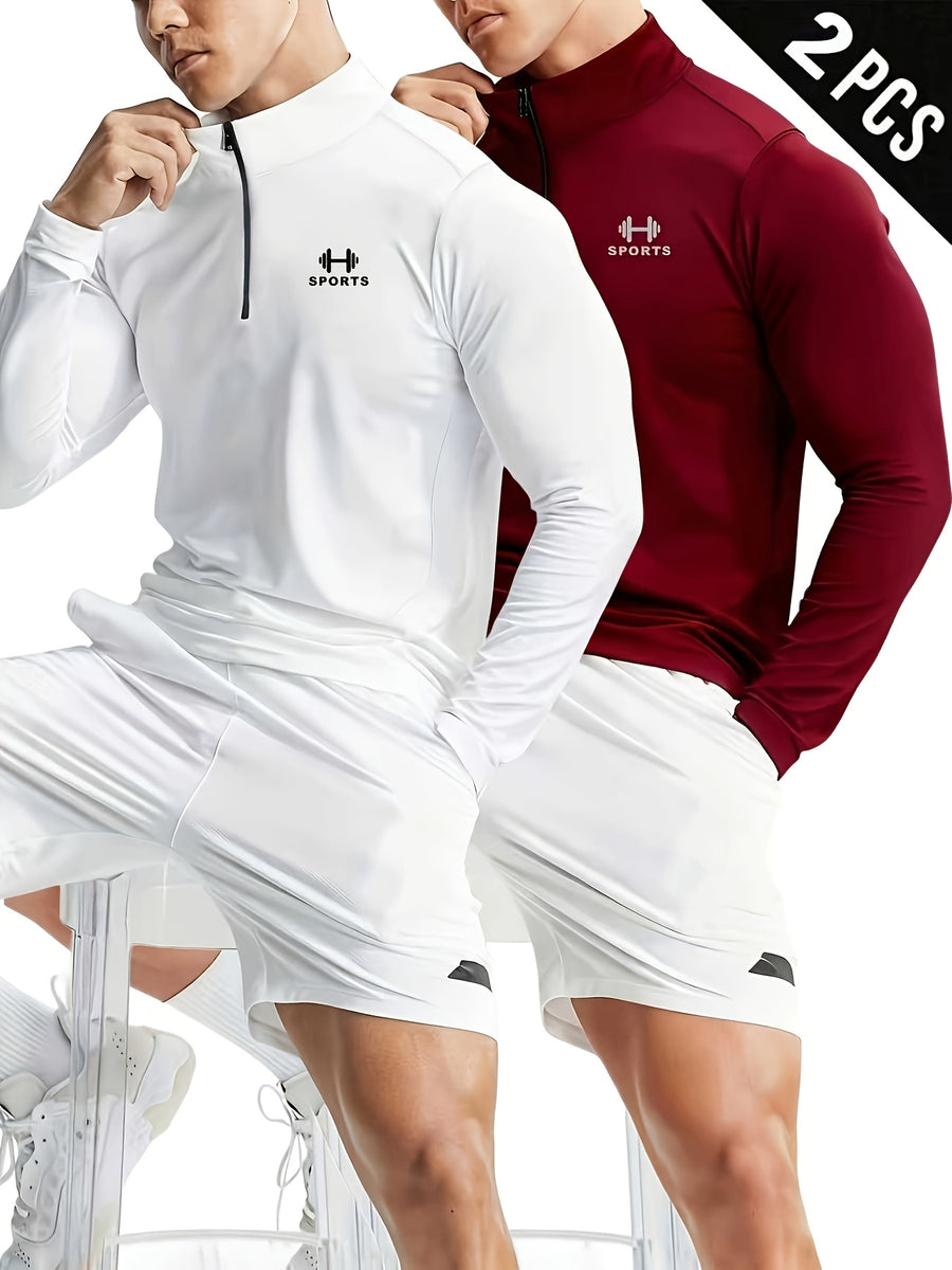 2pcs Set Men'S Casual Athletic Long Sleeve, Casual Athletic Top, Men'S Slim Fit Athletic Polo Shirt, Men'S Stand-Up Collar Polo Shirt, Fashionable And Versatile, Slim Fit, Half-Zipper Stand-Up Collar Design Detail, Suitable for Jogging, Cycling - White+Burgundy