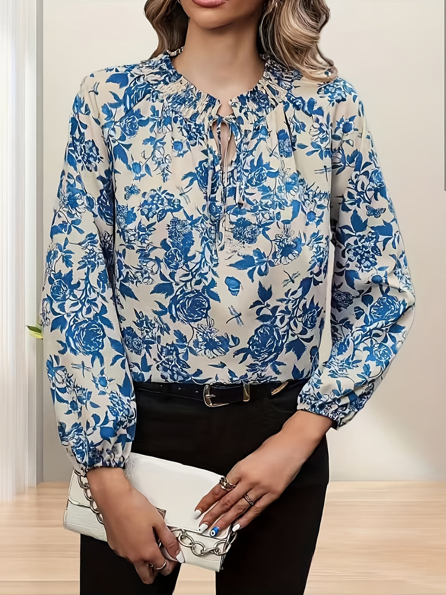 Women's 260 Long Sleeve Printed Neck Tie Shirt - Blue