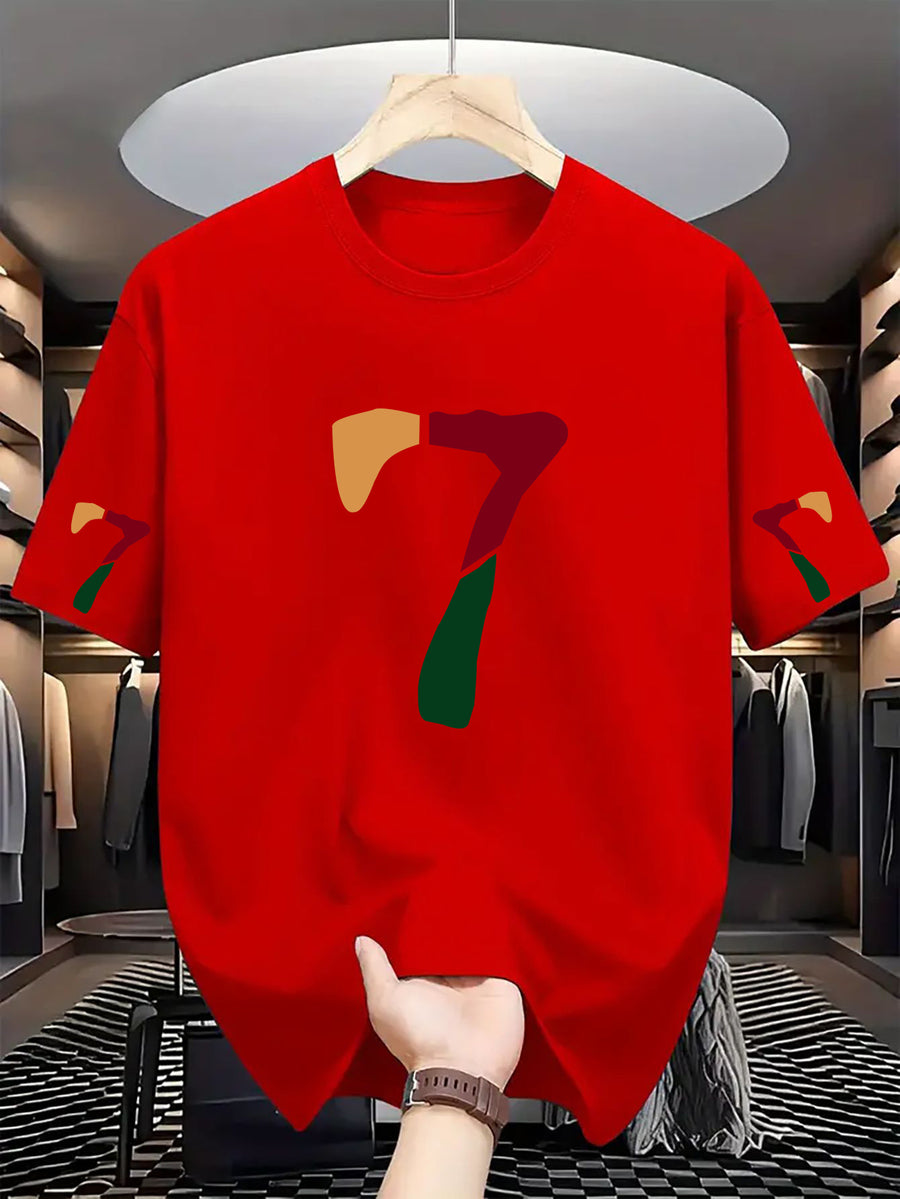 Men'S Casual Classic Sleeve Print T-Shirt with Text, Round Neck Comfortable Polyester Fabric, Stylish Streetwear for Daily Wear, Men'S Fashion - Red