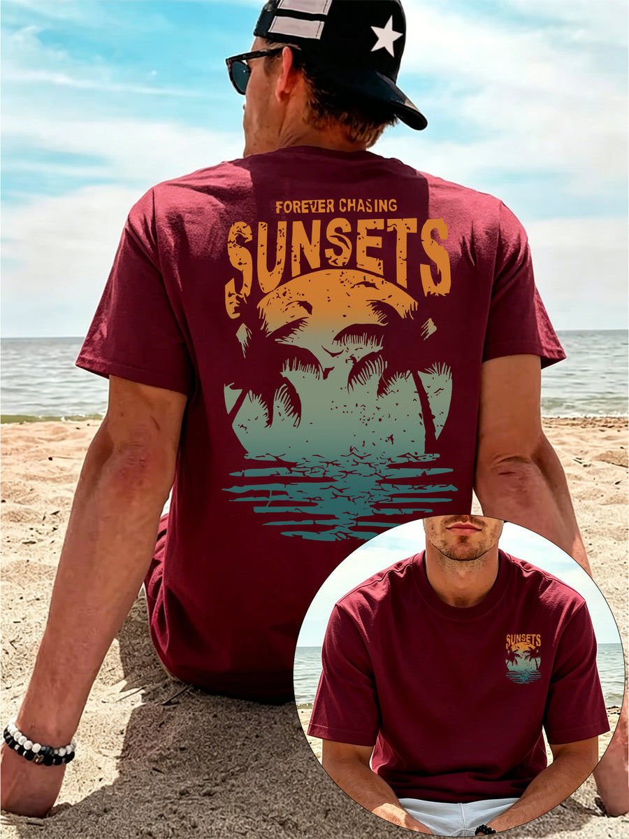 Men'S 100% T-Shirt, Orange-Green Gradient Vintage SUNSETS Coconut Tree Reflection Front And Back Print Design, Casual Trendy Streetwear Sports Short-Sleeve T-Shirt Summer New Arrival, Round Neck Short-Sleeve Summer Top, Casual Street Style - Burgundy