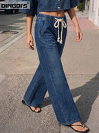 New Women's Wide-Leg Jeans, Drawstring Loose Straight-Leg Denim Pants, Elastic Waistband Washed Denim Fabric Trousers - Deep Blue
