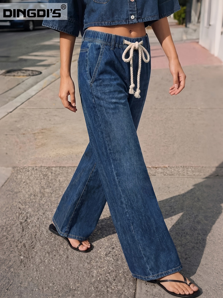 New Women's Wide-Leg Jeans, Drawstring Loose Straight-Leg Denim Pants, Elastic Waistband Washed Denim Fabric Trousers - Deep Blue