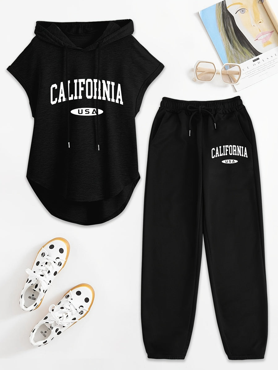 Women's Two-Piece Drawstring Sleeveless Hooded Top and Summer Letter Print Pants Set, Elastic Waist Casual Pants, Winter ; Christmas, Cyber Monday, New Year, Commuting, Casual Yet Appropriate, Daily Outfit - Black