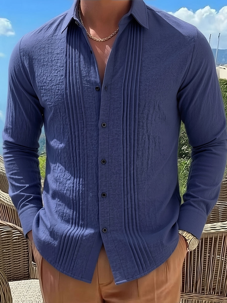 Men'S Fashion Top, Long Sleeve Gualabera Shirt with Pleated Front, Casual Shirt for Vacation, All-Season Casual Style - Navy Color