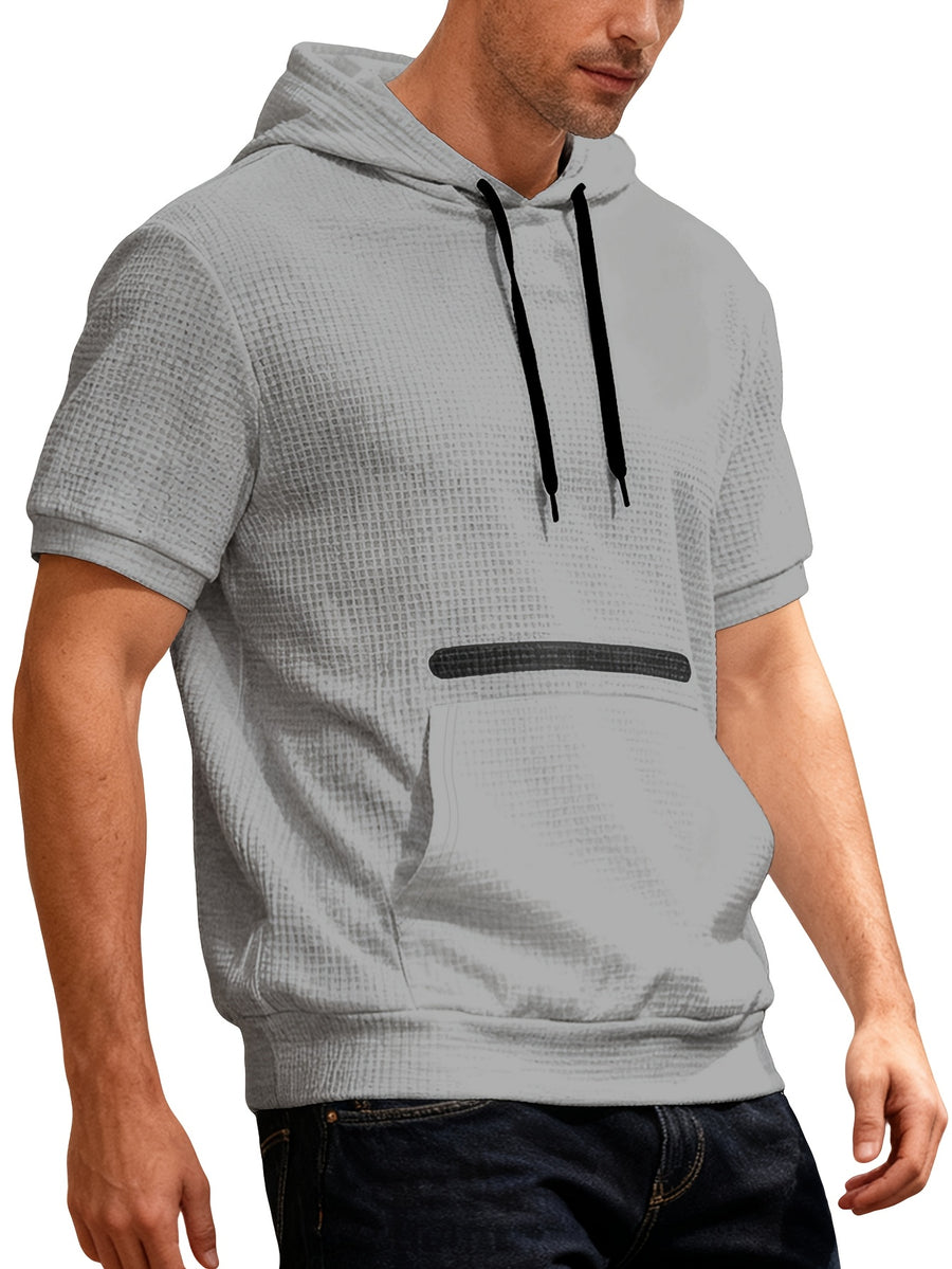 Men's Waffle Knit Short Sleeve Hoodie - Lightweight Breathable Pullover with Contrast Striped Kangaroo Pocket & Hooded Suitable for Spring Summer Fall Layering, Casual Streetwear Gift for, Husband, Boyfriend - Space Gray