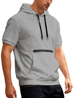 Men's Waffle Knit Short Sleeve Hoodie - Lightweight Breathable Pullover with Contrast Striped Kangaroo Pocket & Hooded Suitable for Spring Summer Fall Layering, Casual Streetwear Gift for, Husband, Boyfriend - Space Gray