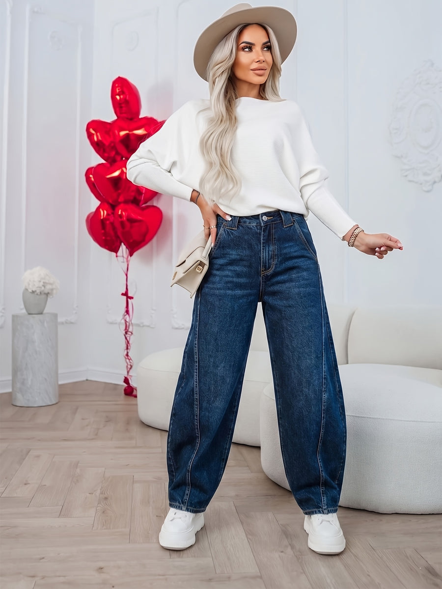 Women'S Denim Balloon Pants, Women'S Bucket Jeans, New Casual Elegant Versatile Washed Denim Trousers, Contrast Design, Suitable for Daily Commute And Casual Outing Denim Banana Pants - Medium Blue
