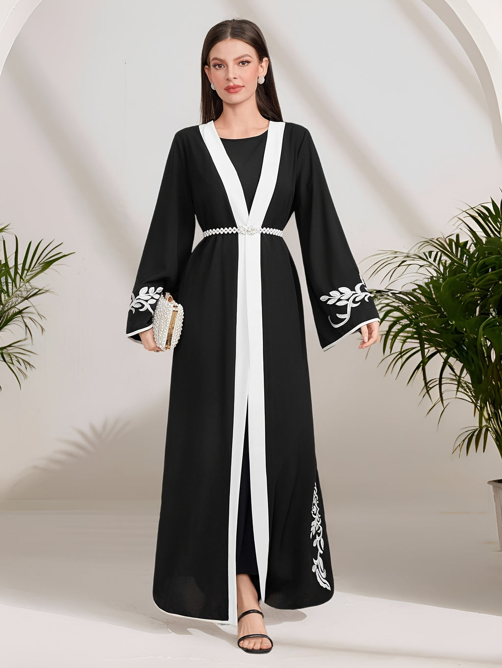 Dress Without Inner Vest, Without Matching Belt - Women's Elegant Islamic Arabic Abaya, Casual Loose-fitting Long-sleeve Robe with Embroidery for Prayer and Daily Wear - Black