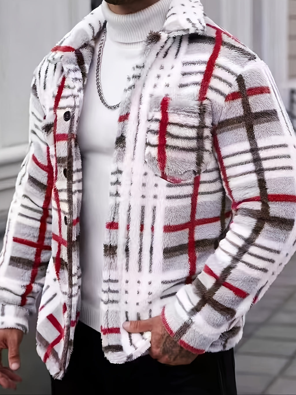Men's Casual Color-Block Plaid Lapel Warm Outer Jacket with Double Front Pockets, Brown Label on the Lower Right Front, for Casual Outdoor Wear in Autumn and Winter - Multicolor