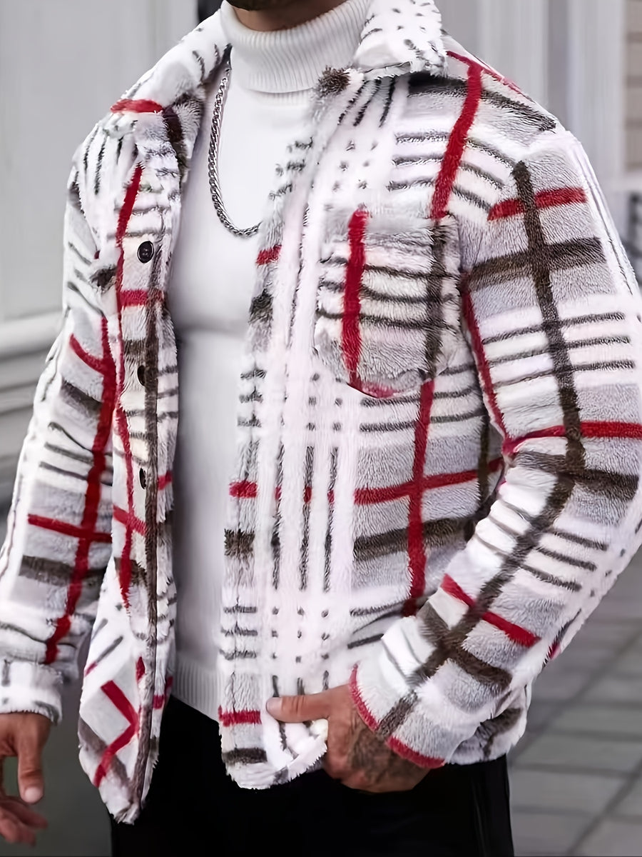 Men's Casual Color-Block Plaid Lapel Warm Outer Jacket with Double Front Pockets, Brown Label on the Lower Right Front, for Casual Outdoor Wear in Autumn and Winter - Multicolor