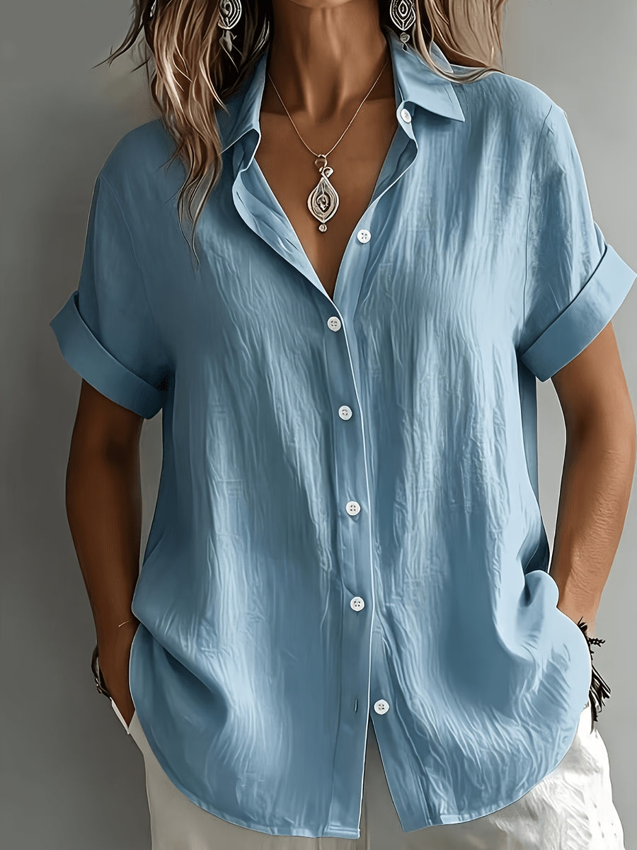 Women's Elegant Vacation-style Short-sleeve Top, Loose and Relaxed Shirt, Commuting Casual Literary Style, Figure-flattering, Daily Temperament Style, Loose and Draping, Breathable and Comfortable - Sky Blue