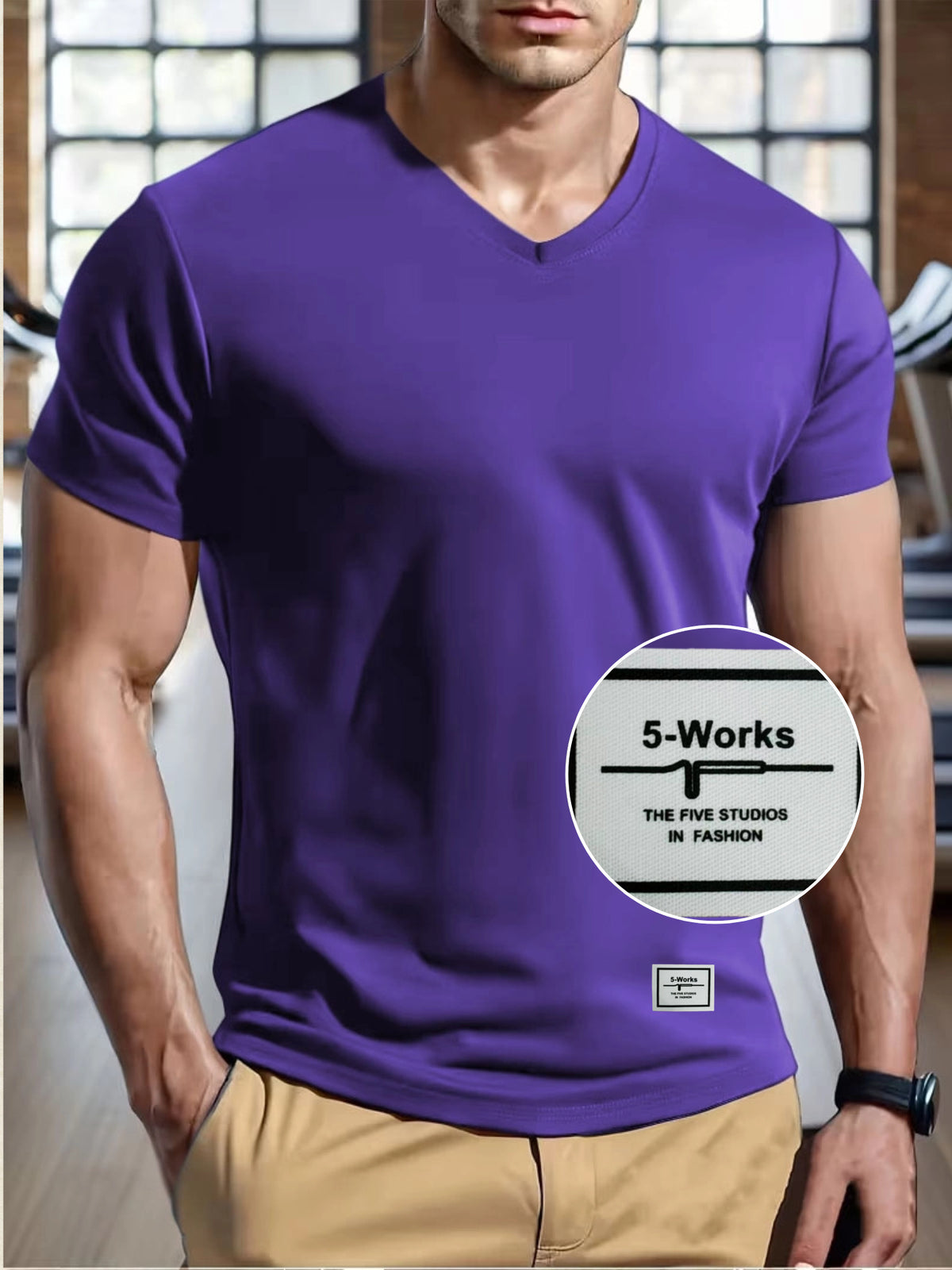 180g 100% Men's V-Neck Short-Sleeve Top, Casual T-Shirt, Solid Color Base Layer, "5-work" Summer All-Season Base Layer, Factory-Made for Men, Comfortable, High Quality, High Fit Rate, Casual Sportswear - Purple