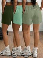 2026 Spring/Summer New Arrival Women's Bottomwear Fashion Black & White Striped Print Leg-Length Enhancing Casual Loungewear Light Y  Streetwear Elastic Waist Two-Side Pocket Shorts 3pcs Set - Army Green + Blue Green + Bean Green