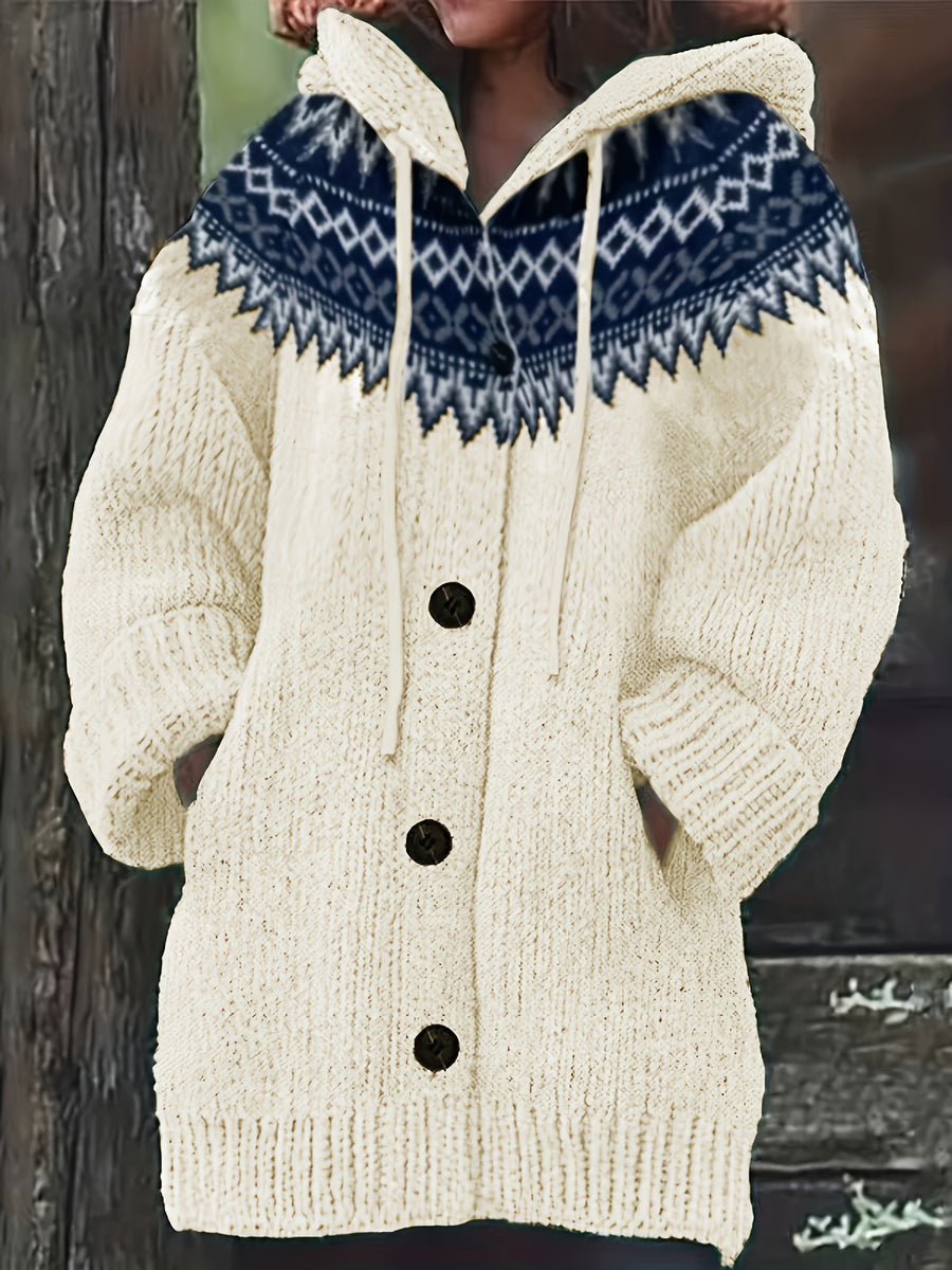 Fashionable Casual Long-Sleeve Hooded Cardigan for Women with Contrasting Colors And Pockets - Apricot